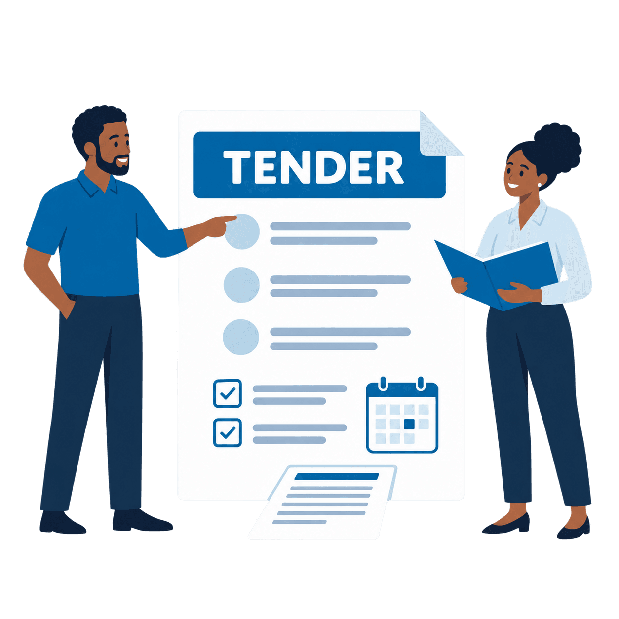 A man and woman reviewing tender requirements, the closing date and a response folder together.