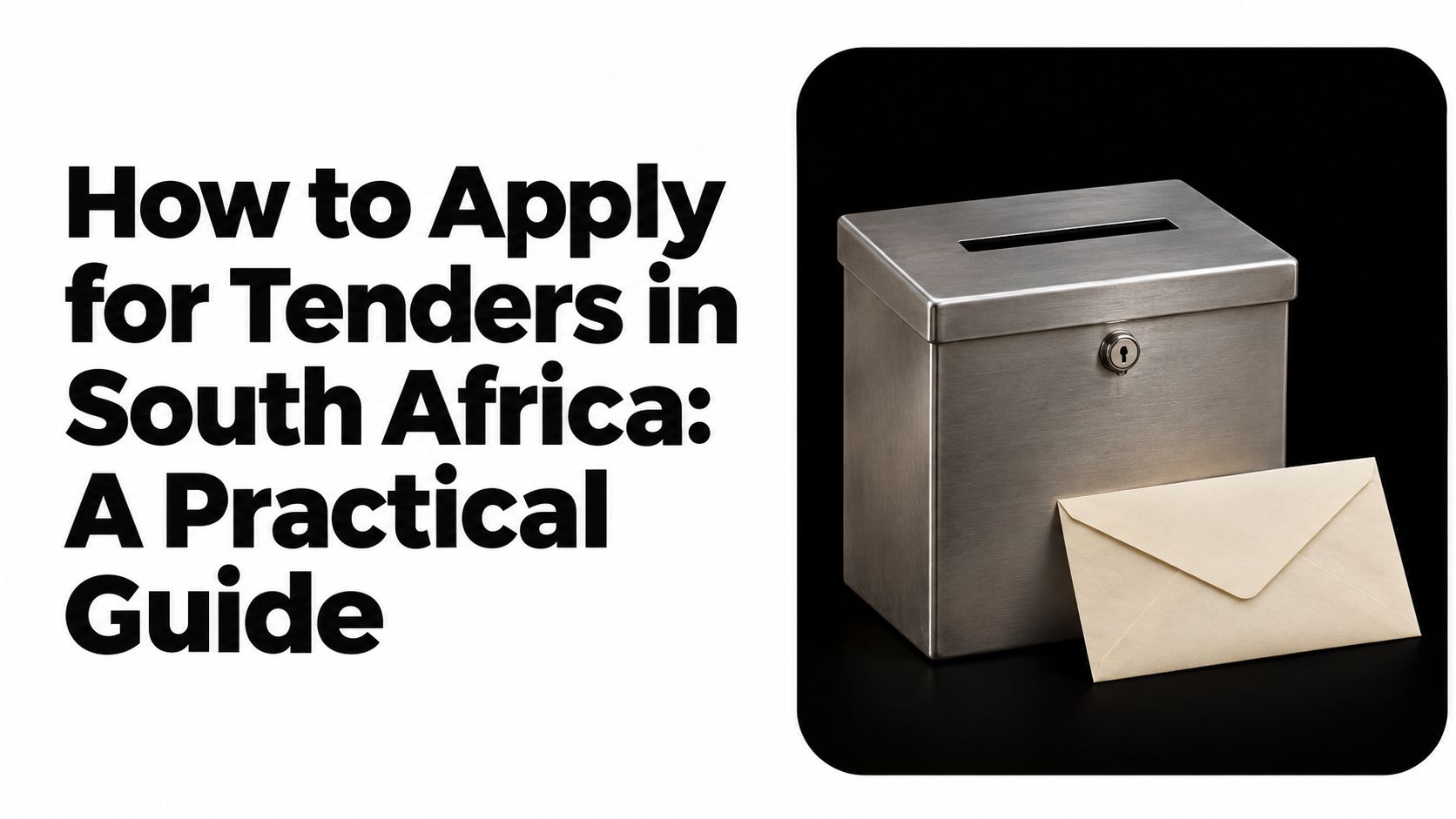 Tender box and envelope beside the guide to applying for tenders in South Africa